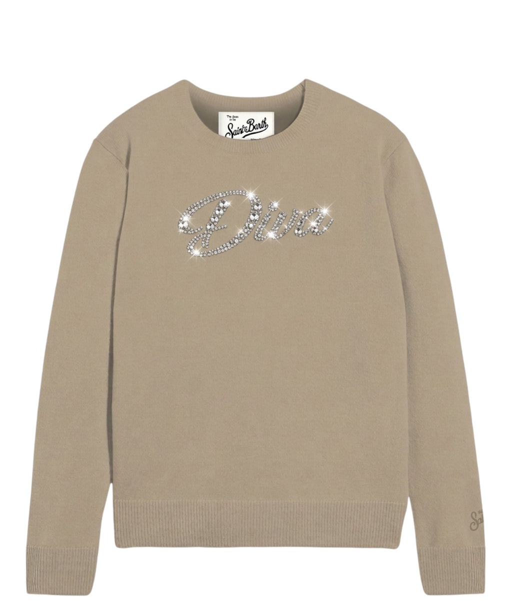Maglia Effetto Alpaca New Queen con Scritta DIVA Strass