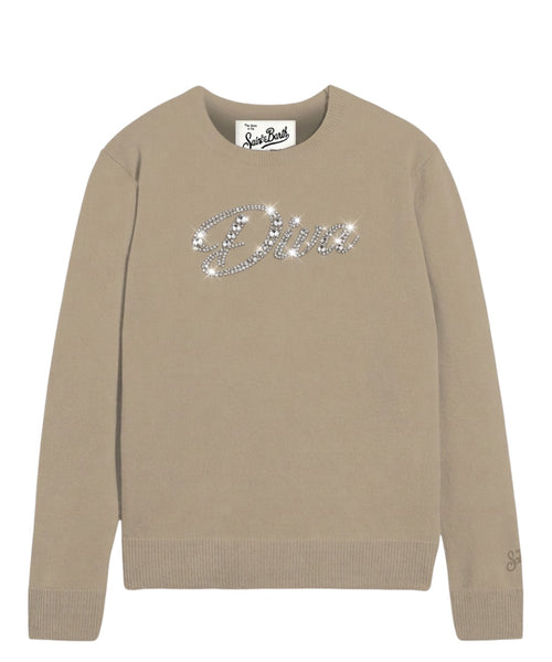 Maglia Effetto Alpaca New Queen con Scritta DIVA Strass