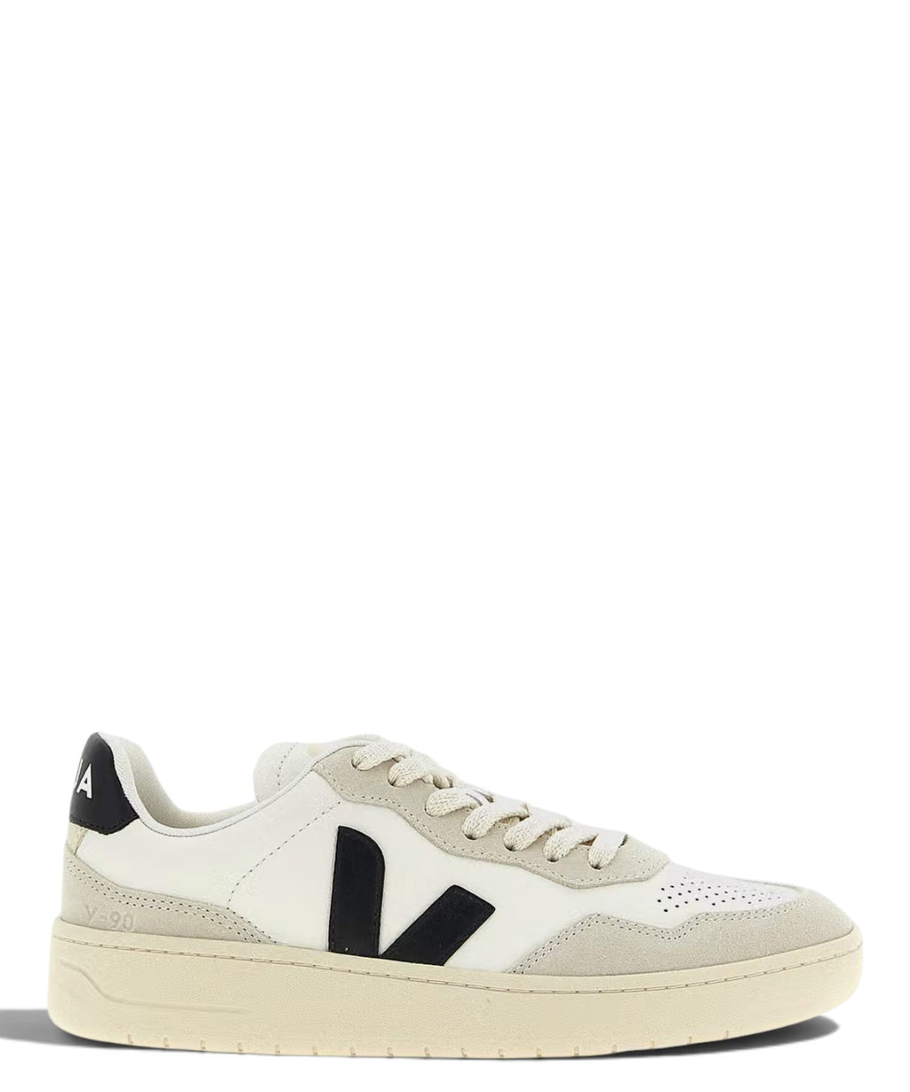 Zapatilla VEJA V-90 de cuero blanco y negro en piel