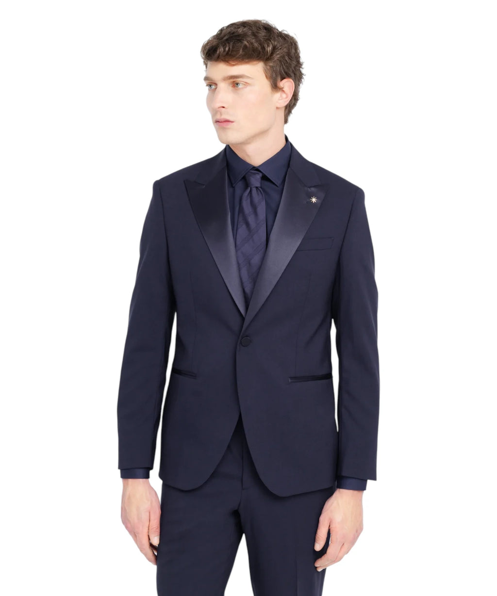Manuel Ritz Abito Smoking Uomo Blu Slim Fit in Fresco Lana Stretch con Rever a Lancia