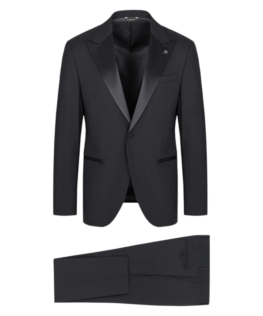 Manuel Ritz Men's Black Slim Fit Tuxedo Suit in Fresh Stretch Wool with Peak Lapel
