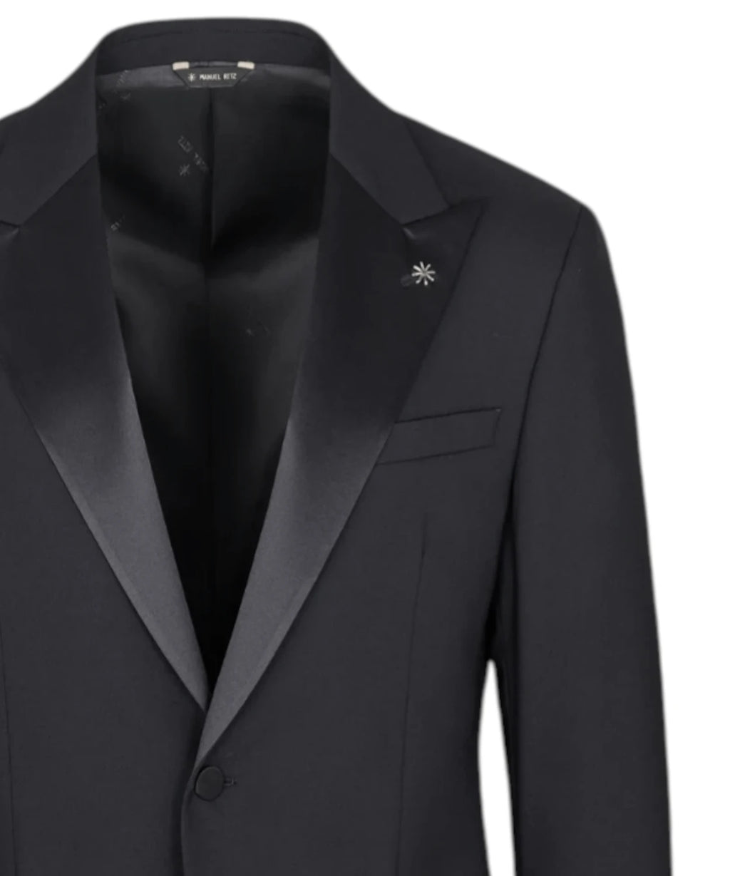 Manuel Ritz Men's Black Slim Fit Tuxedo Suit in Fresh Stretch Wool with Peak Lapel