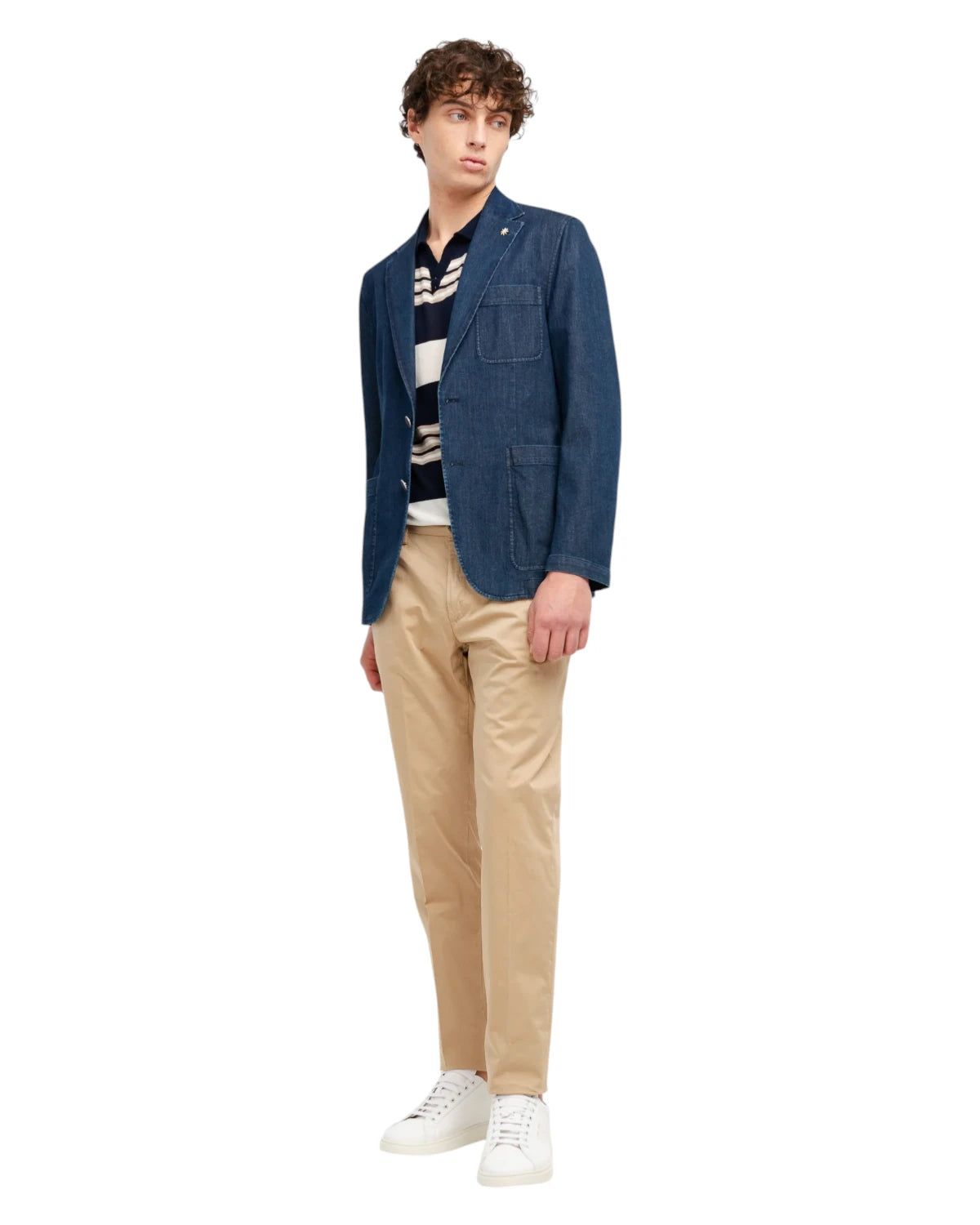 Giacca Denim Blu Stretch con Tasche a Toppa