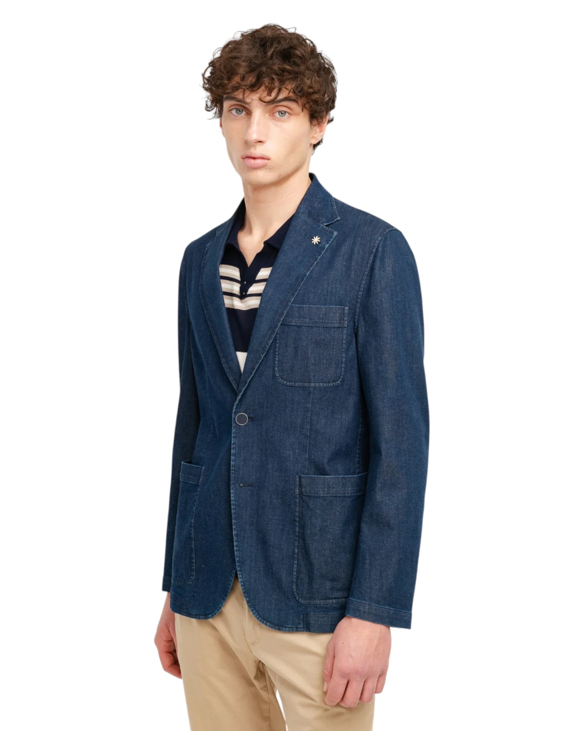 Giacca Denim Blu Stretch con Tasche a Toppa