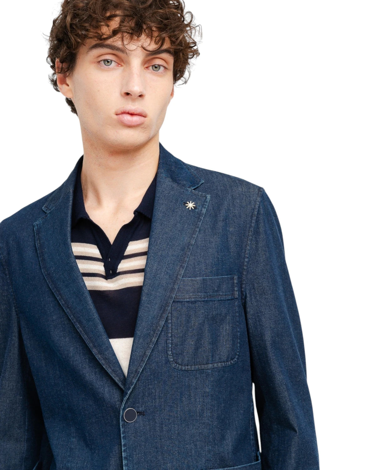 Giacca Denim Blu Stretch con Tasche a Toppa