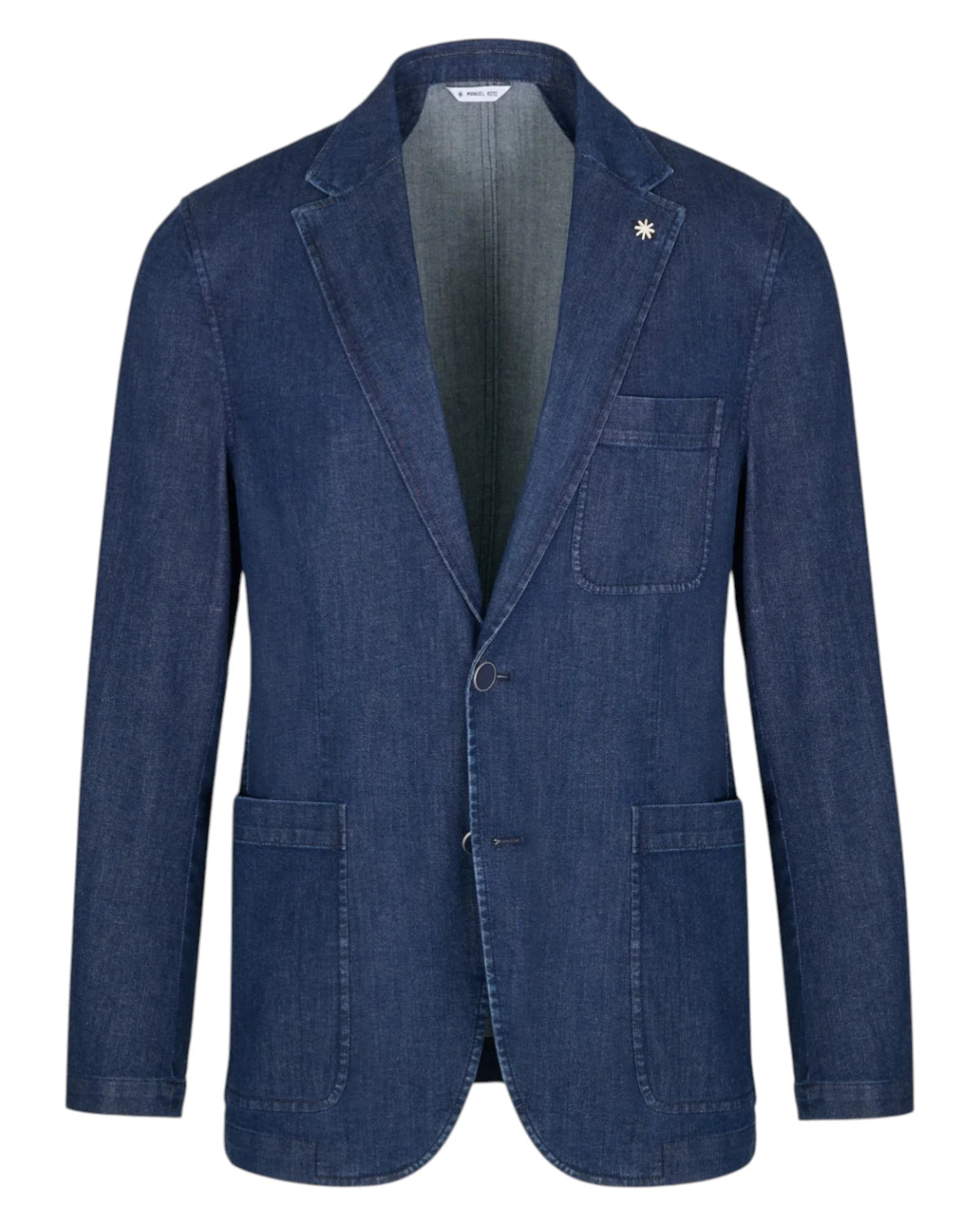 Giacca Denim Blu Stretch con Tasche a Toppa