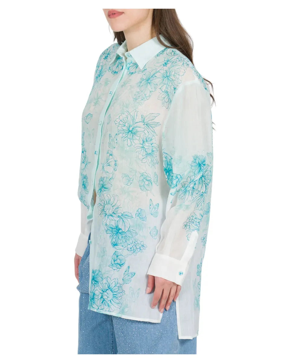 Camicia in seta turchese con stampa floreale-Twinset-Camicie-Vittorio Citro Boutique