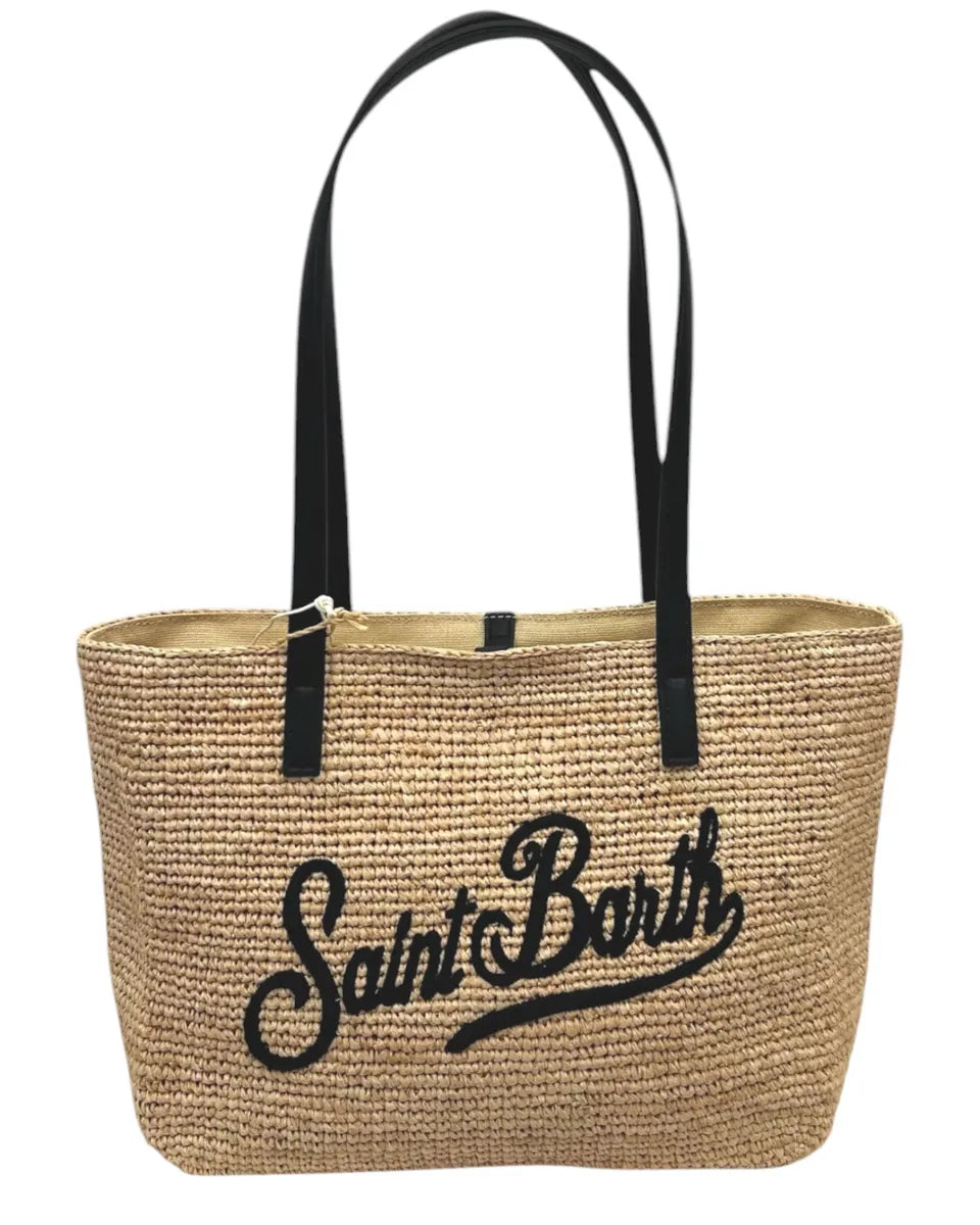 Borsa City Mid in rafia naturale con logo nero ricamato-Mc2 Saint Barth-Borse a spalla-Vittorio Citro Boutique