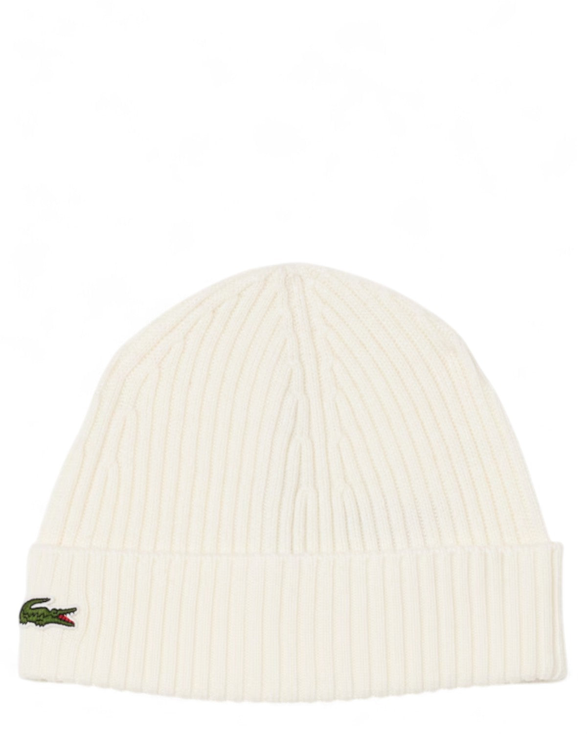 Berretto lana spazzolata Lacoste con logo ricamato, colore bianco panna, design a coste e risvolto, ideale per l'inverno.