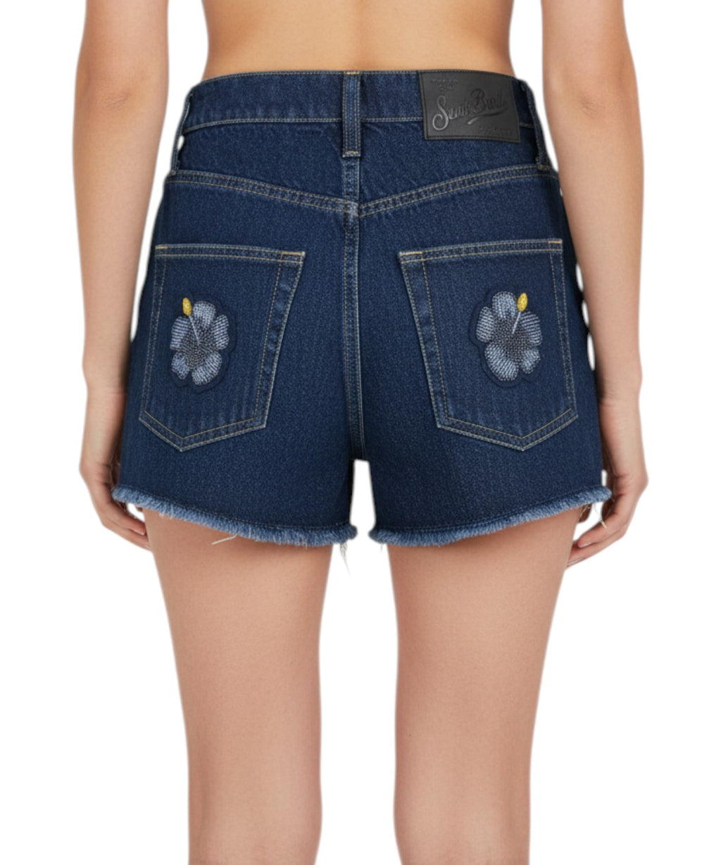 Shorts Musa Denim con Patch Floreali e Perline