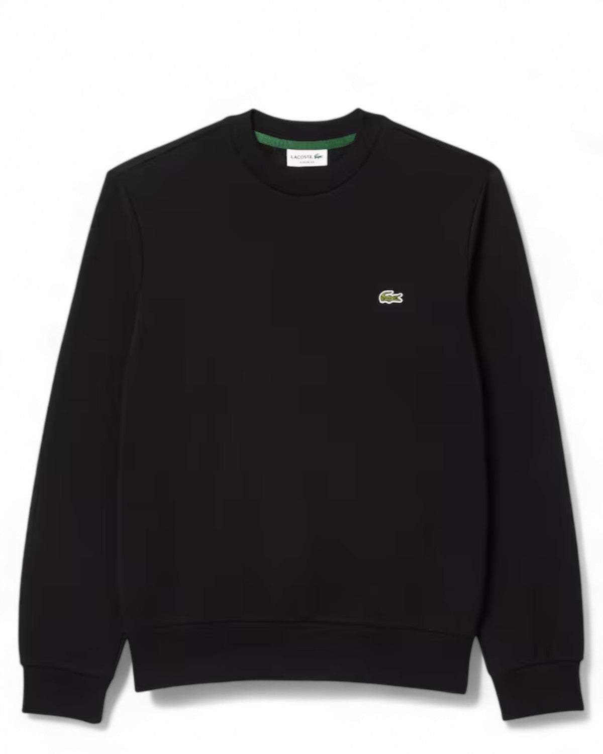Felpa girocollo in pile Lacoste nera con logo ricamato sul petto, stile casual e vestibilità ampia per uomo.