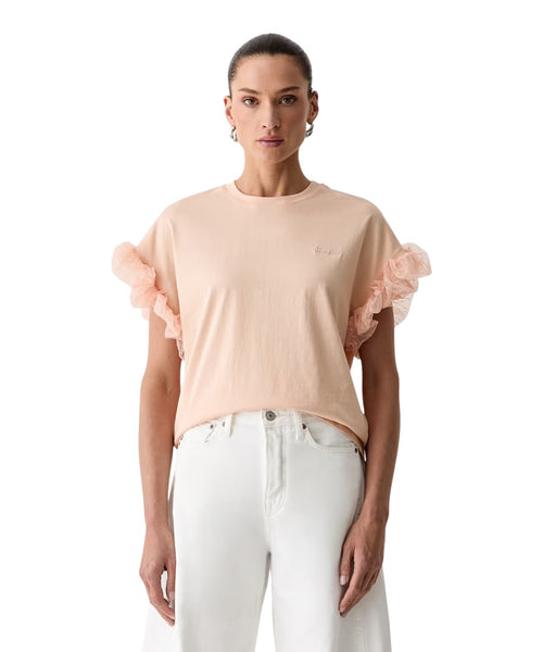 Twinset Stretch Cotton T-Shirt with Puff Tulle Sleeves