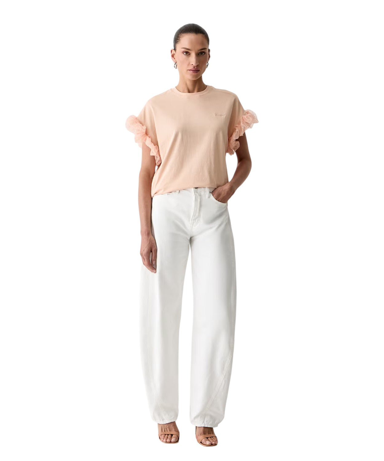 Twinset T-Shirt in Cotone Stretch con Maniche a Sbuffo in tulle