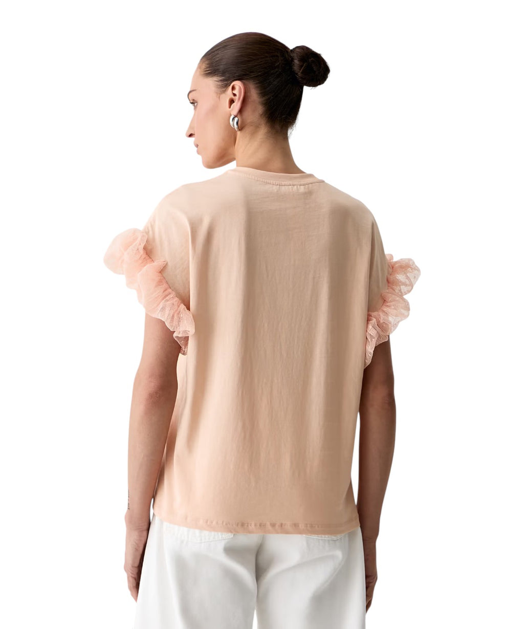 Twinset Stretch Cotton T-Shirt with Puff Tulle Sleeves