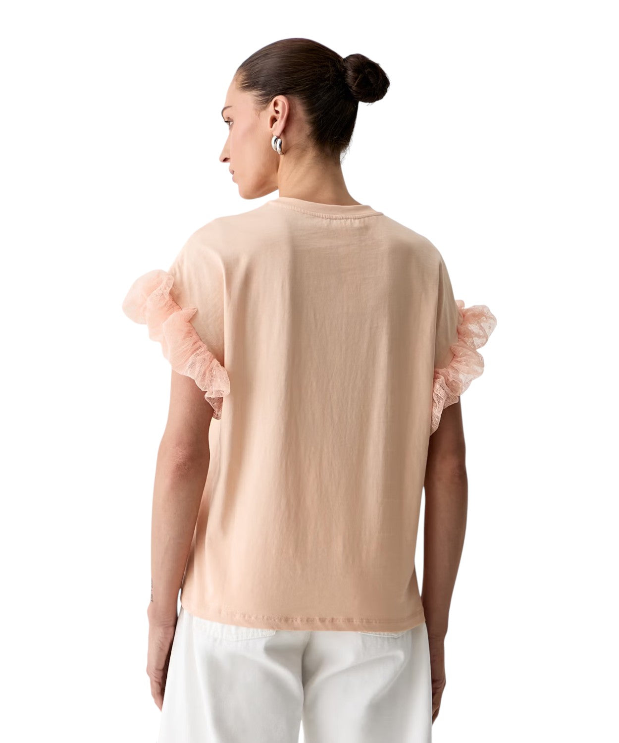 Twinset T-Shirt in Cotone Stretch con Maniche a Sbuffo in tulle