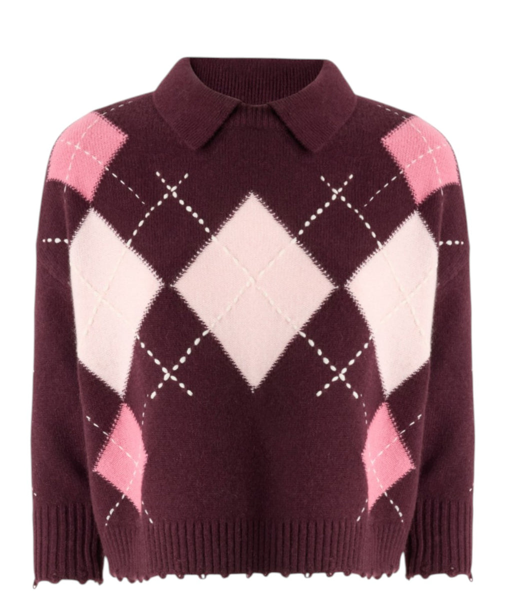 Maglione Pinko Crop a Quadri con Orlo Sfilacciato