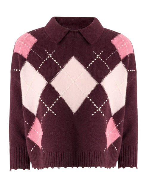 Maglione Pinko Crop a Quadri con Orlo Sfilacciato