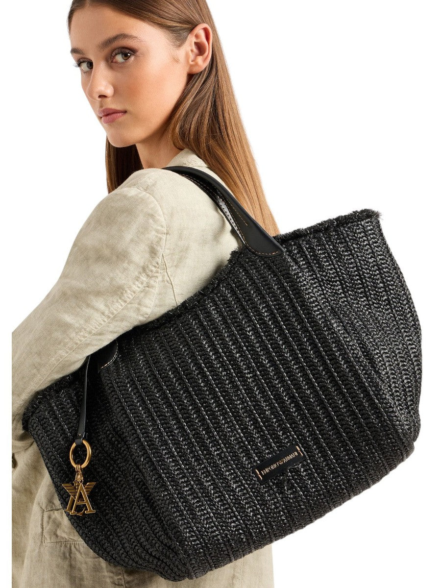 Shopper in paglia intrecciata con charm logo-Emporio Armani-Borse a spalla-Vittorio Citro Boutique