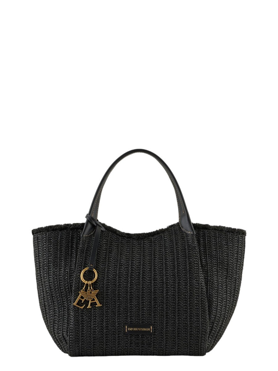 Shopper in paglia intrecciata con charm logo-Emporio Armani-Borse a spalla-Vittorio Citro Boutique