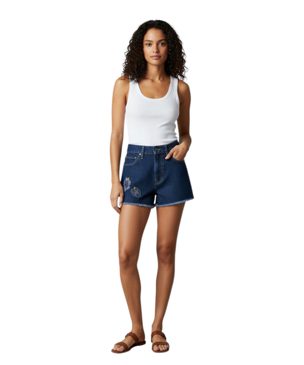 Shorts Musa Denim con Patch Floreali e Perline