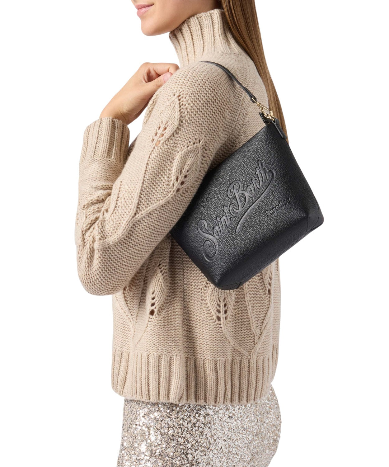 Aline Bag in pelle martellata nera – borsa a spalla con doppia tracolla-Mc2 Saint Barth-Borse a spalla-Vittorio Citro Boutique