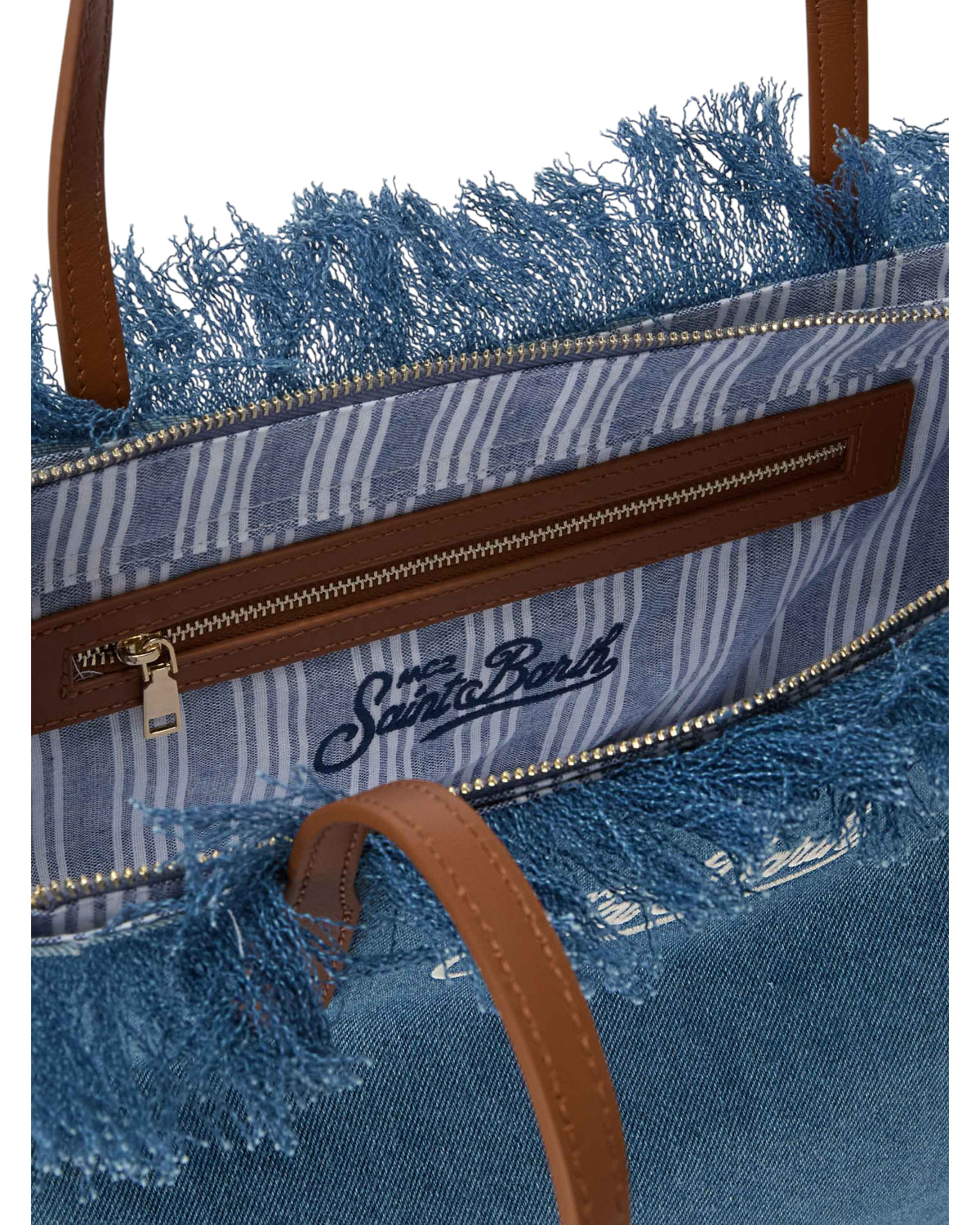 Einkaufstasche aus blauem Denim mit Fransen und Reißverschluss - Mc2 Saint Barth