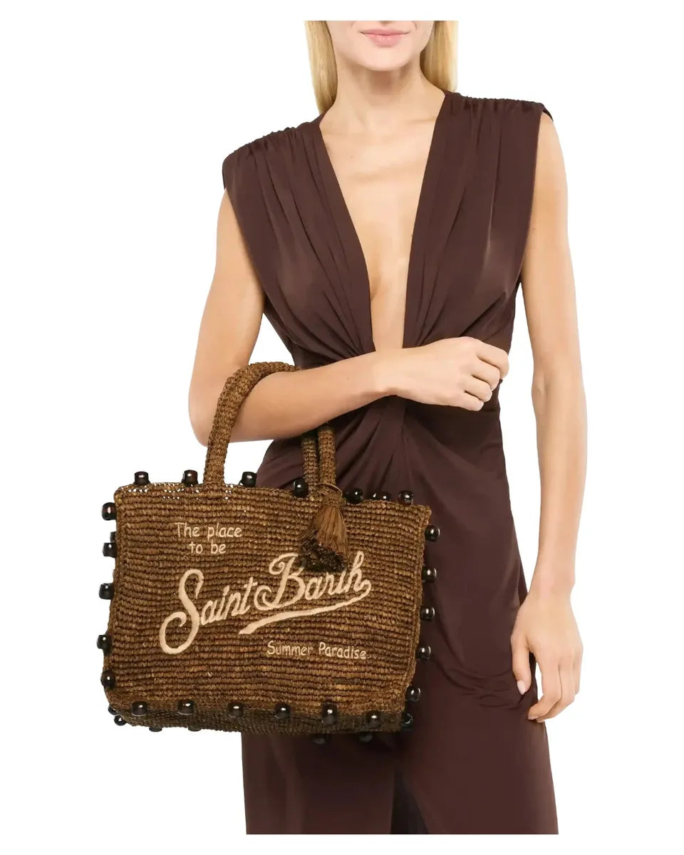 Borsa Colette in Rafia Marrone con Perline e Logo Ricamato-Mc2 Saint Barth-Borse a mano-Vittorio Citro Boutique