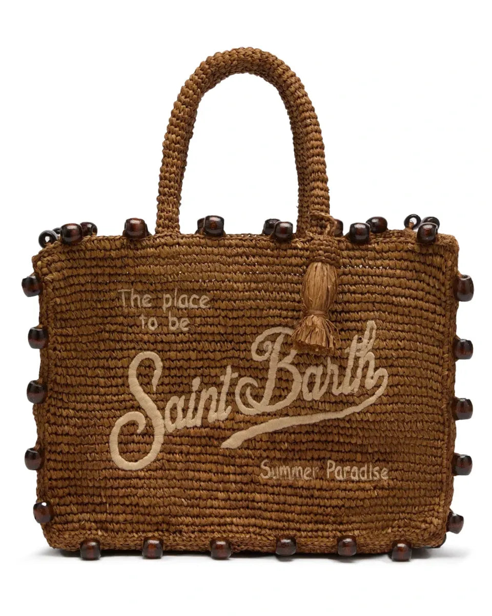 Borsa Colette in Rafia Marrone con Perline e Logo Ricamato-Mc2 Saint Barth-Borse a mano-Vittorio Citro Boutique