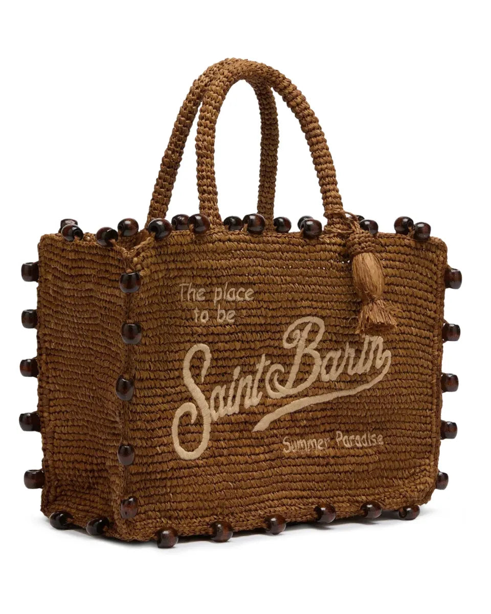 Borsa Colette in Rafia Marrone con Perline e Logo Ricamato-Mc2 Saint Barth-Borse a mano-Vittorio Citro Boutique