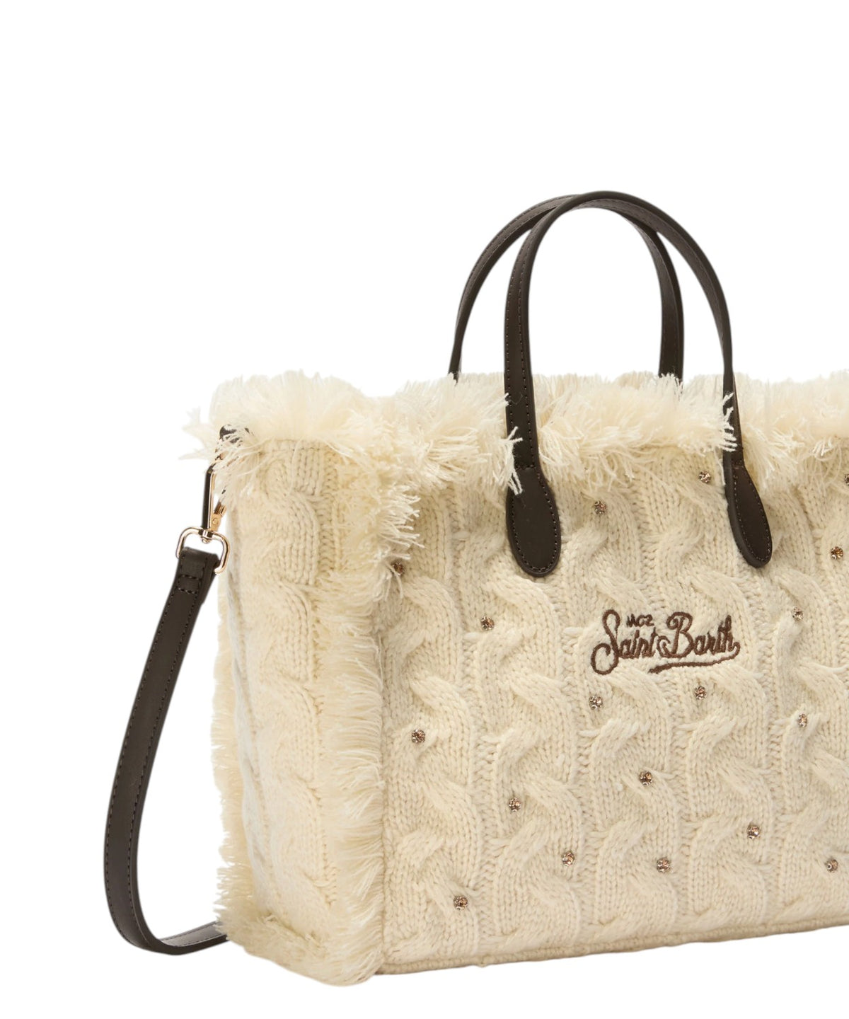 Colette White Wool Braid bag with rhinestones and removable shoulder strap