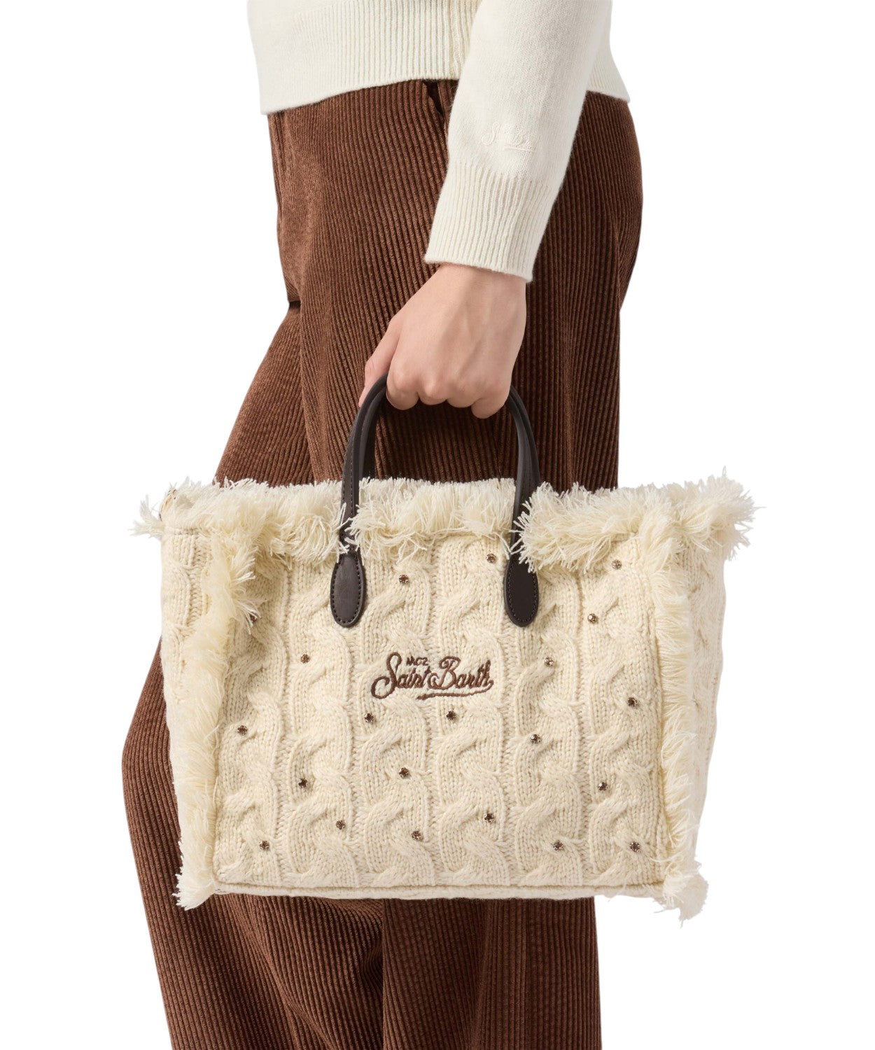 Colette Wool Braid bianca a trecce con strass e tracolla removibile-Mc2 Saint Barth-Borse a mano-Vittorio Citro Boutique