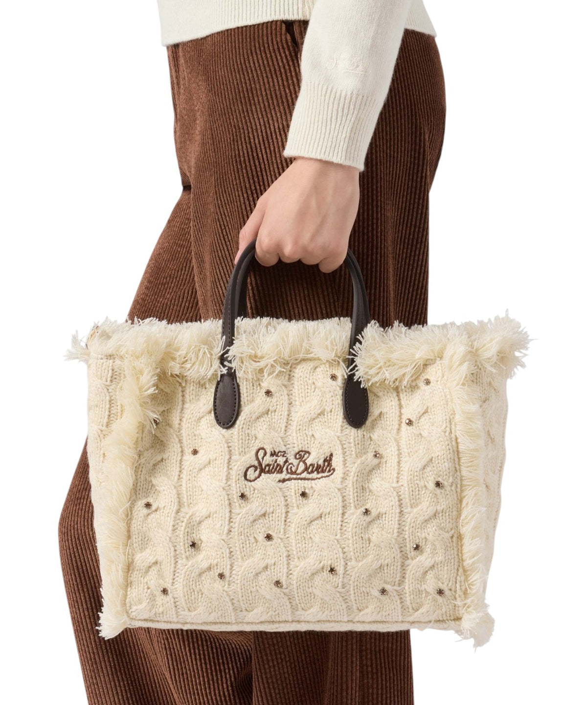 Colette White Wool Braid bag with rhinestones and removable shoulder strap