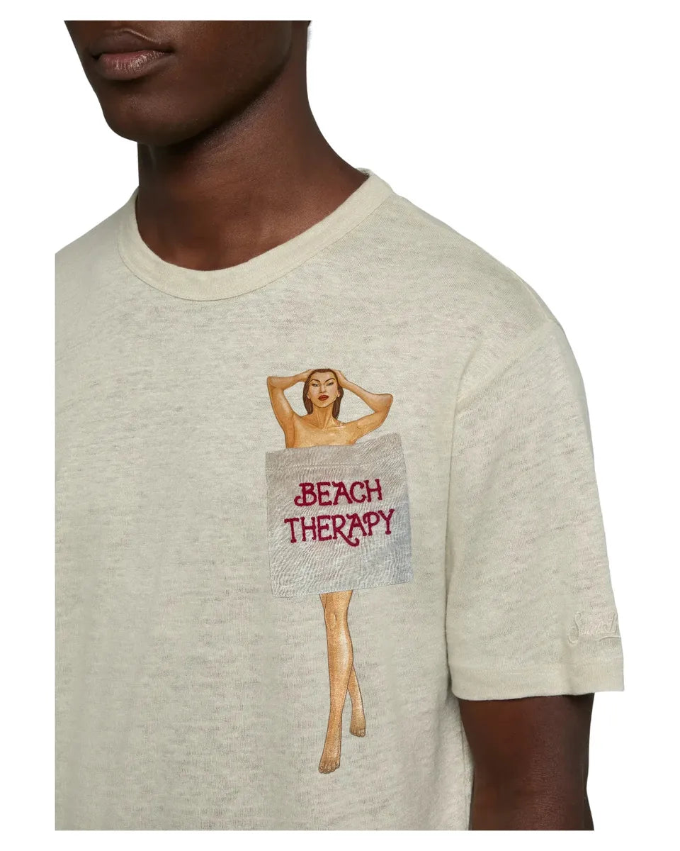 T-shirt Ecstasea in lino bianco con taschino stampato e ricamato-T-shirt-Mc2 Saint Barth-Vittorio Citro Boutique