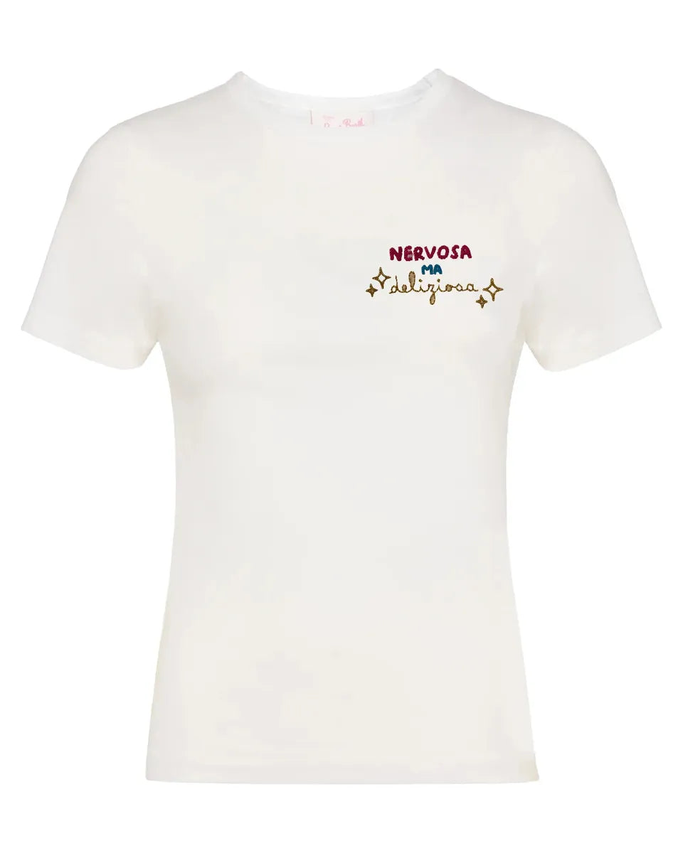 T-shirt Emilie con ricamo “Nervosa ma Deliziosa” in cotone-Mc2 Saint Barth-T-shirt-Vittorio Citro Boutique