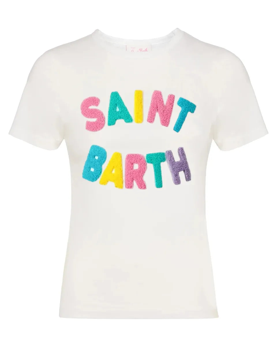 T-shirt Emilie Teddy in cotone bianco con scritta colorata in spugna-Mc2 Saint Barth-T-shirt-Vittorio Citro Boutique