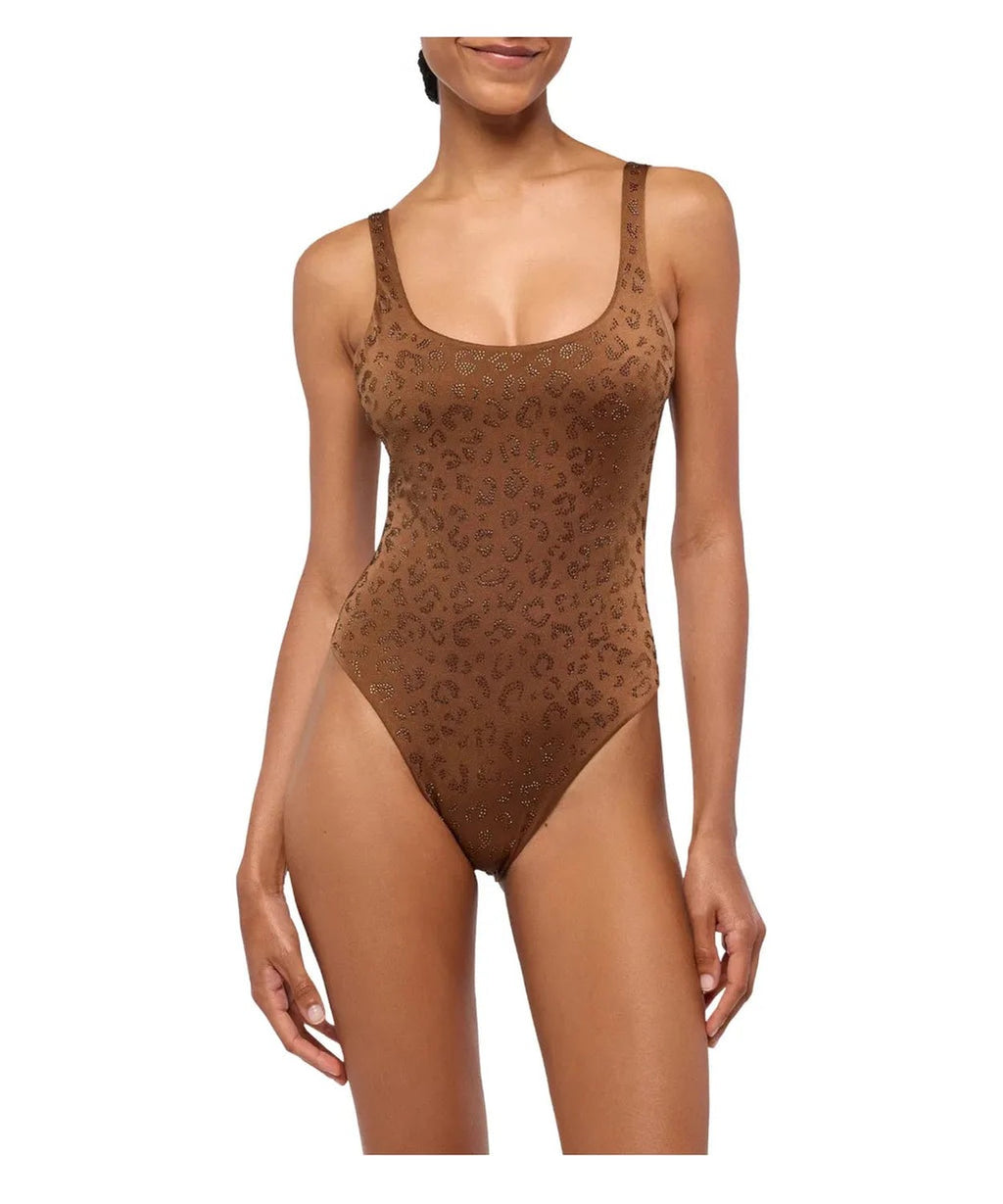 Costume intero marrone con strass animalier e spalline sottili-Costumi da bagno-Mc2 Saint Barth-Vittorio Citro Boutique