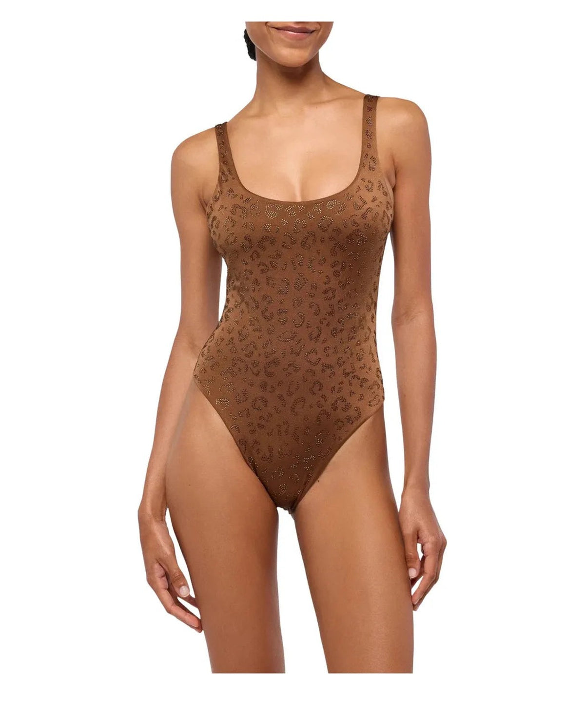 Costume intero marrone con strass animalier e spalline sottili-Costumi da bagno-Mc2 Saint Barth-Vittorio Citro Boutique