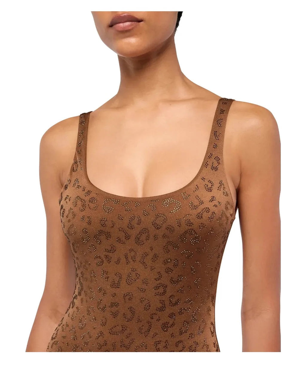 Costume intero marrone con strass animalier e spalline sottili-Costumi da bagno-Mc2 Saint Barth-Vittorio Citro Boutique