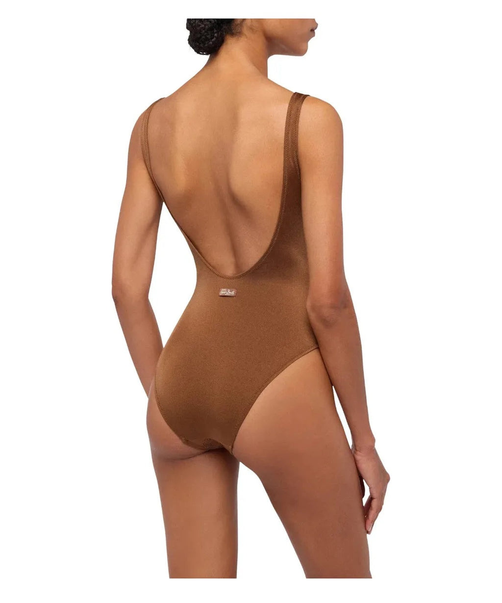 Costume intero marrone con strass animalier e spalline sottili-Costumi da bagno-Mc2 Saint Barth-Vittorio Citro Boutique
