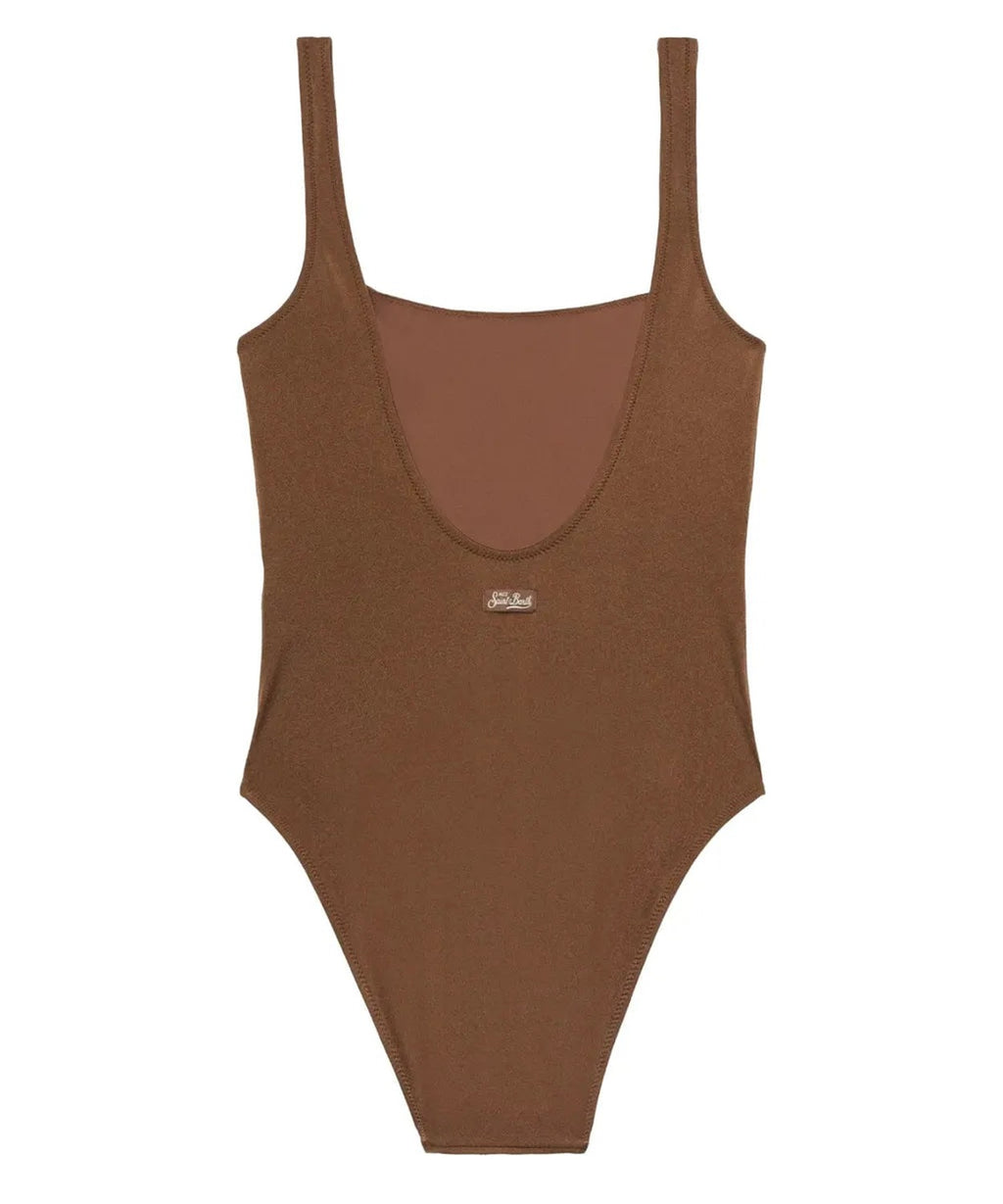 Costume intero marrone con strass animalier e spalline sottili-Costumi da bagno-Mc2 Saint Barth-Vittorio Citro Boutique