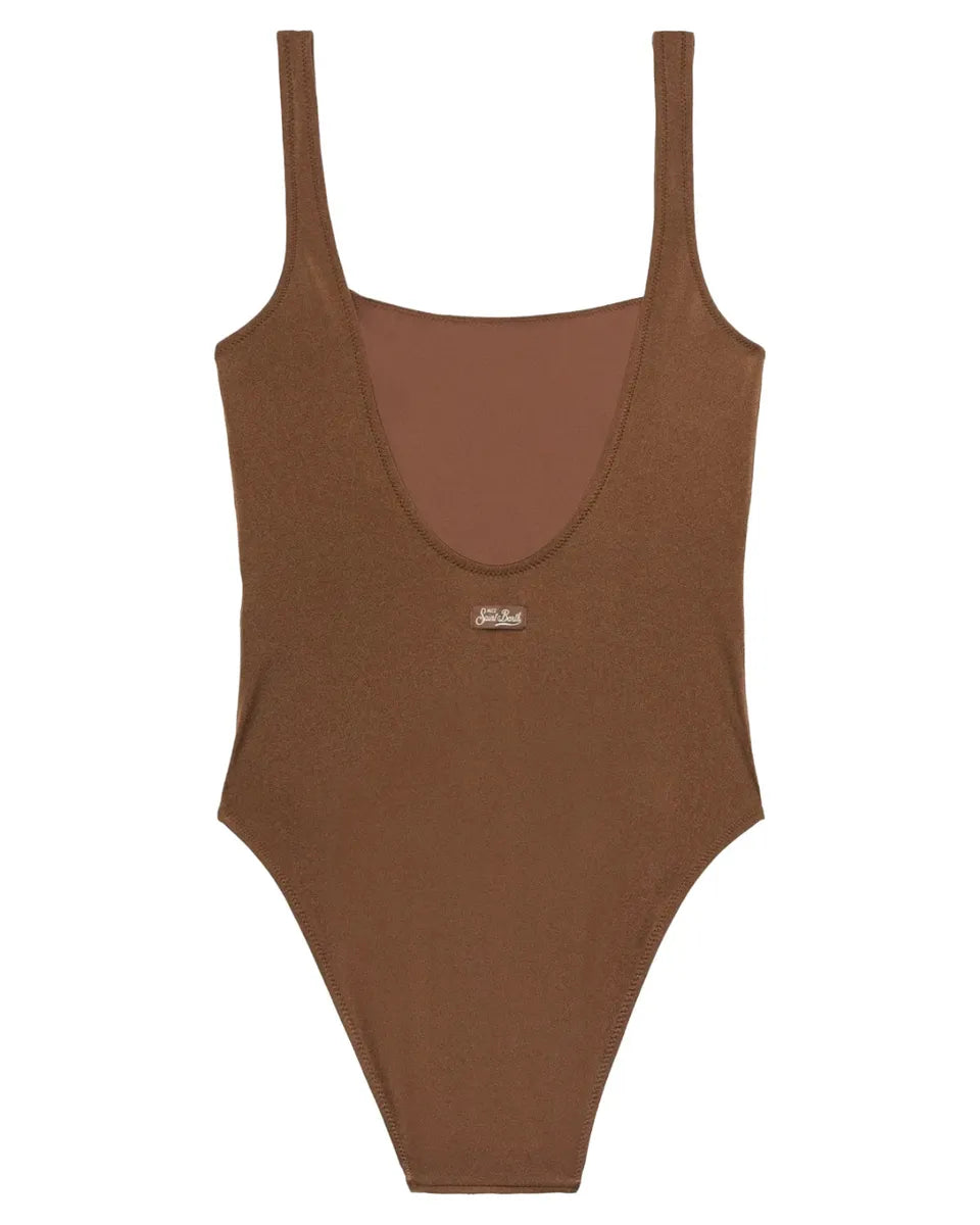 Costume intero marrone con strass animalier e spalline sottili-Costumi da bagno-Mc2 Saint Barth-Vittorio Citro Boutique