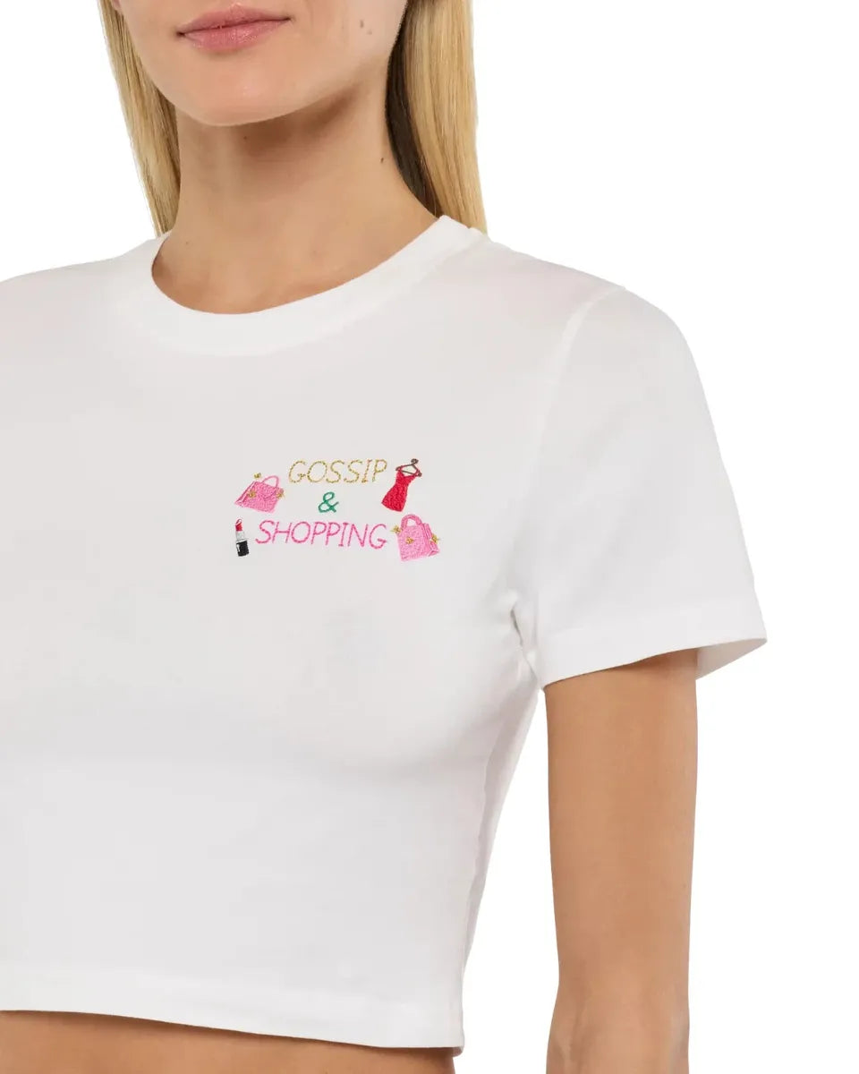 T-shirt Bianca con Ricamo "Gossip & Shopping"-Mc2 Saint Barth-T-shirt-Vittorio Citro Boutique