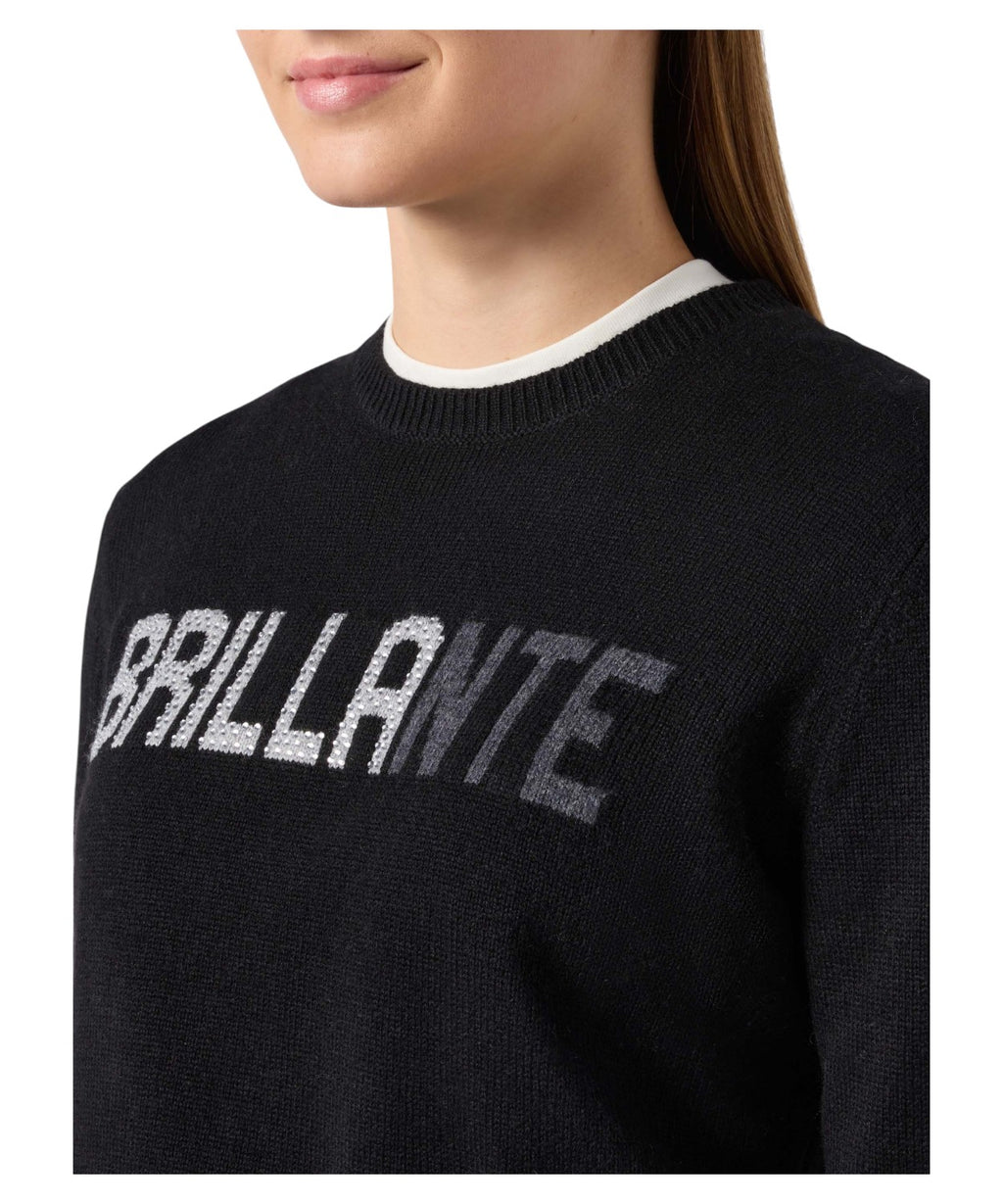 Maglione New Queen in misto cashmere nero con scritta in strass “Brillante”-Mc2 Saint Barth-Maglieria-Vittorio Citro Boutique