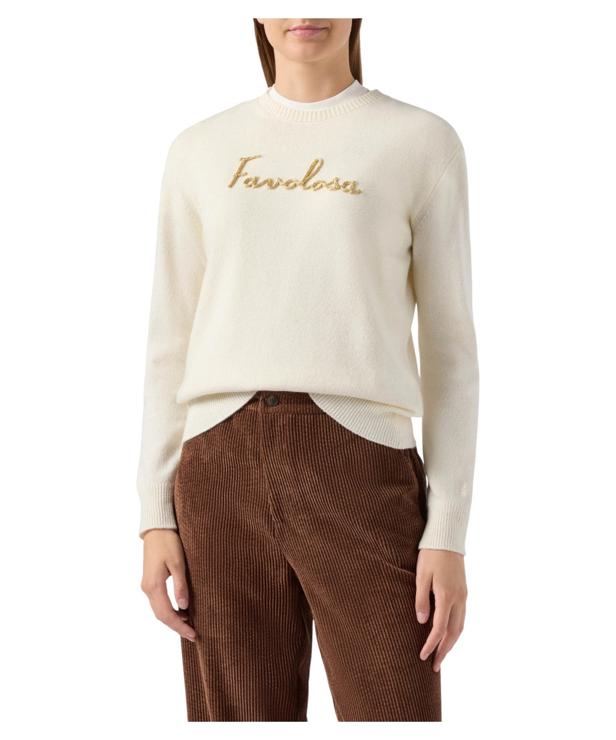 Maglione New Queen in misto cashmere bianco con ricamo lurex “Favolosa”-Mc2 Saint Barth-Maglieria-Vittorio Citro Boutique