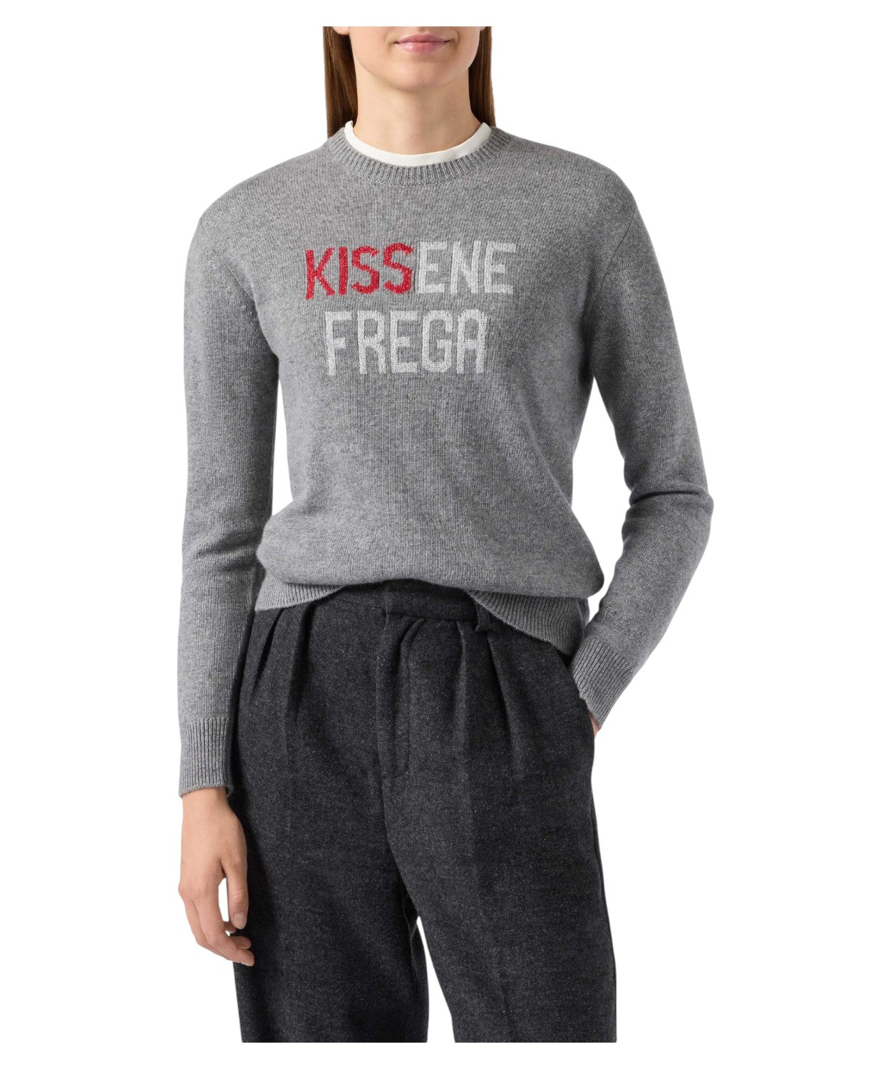 Maglione New Queen in misto cashmere grigio con jacquard lurex “Kissenefrega”-Mc2 Saint Barth-Maglieria-Vittorio Citro Boutique