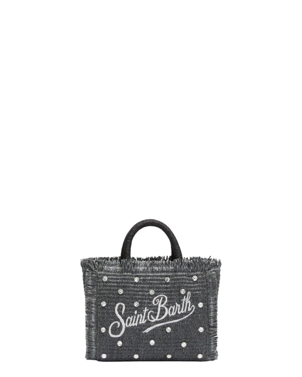 Borsa Mini Vanity effetto paglia nera con strass e logo ricamato-Mc2 Saint Barth-Borse a mano-Vittorio Citro Boutique