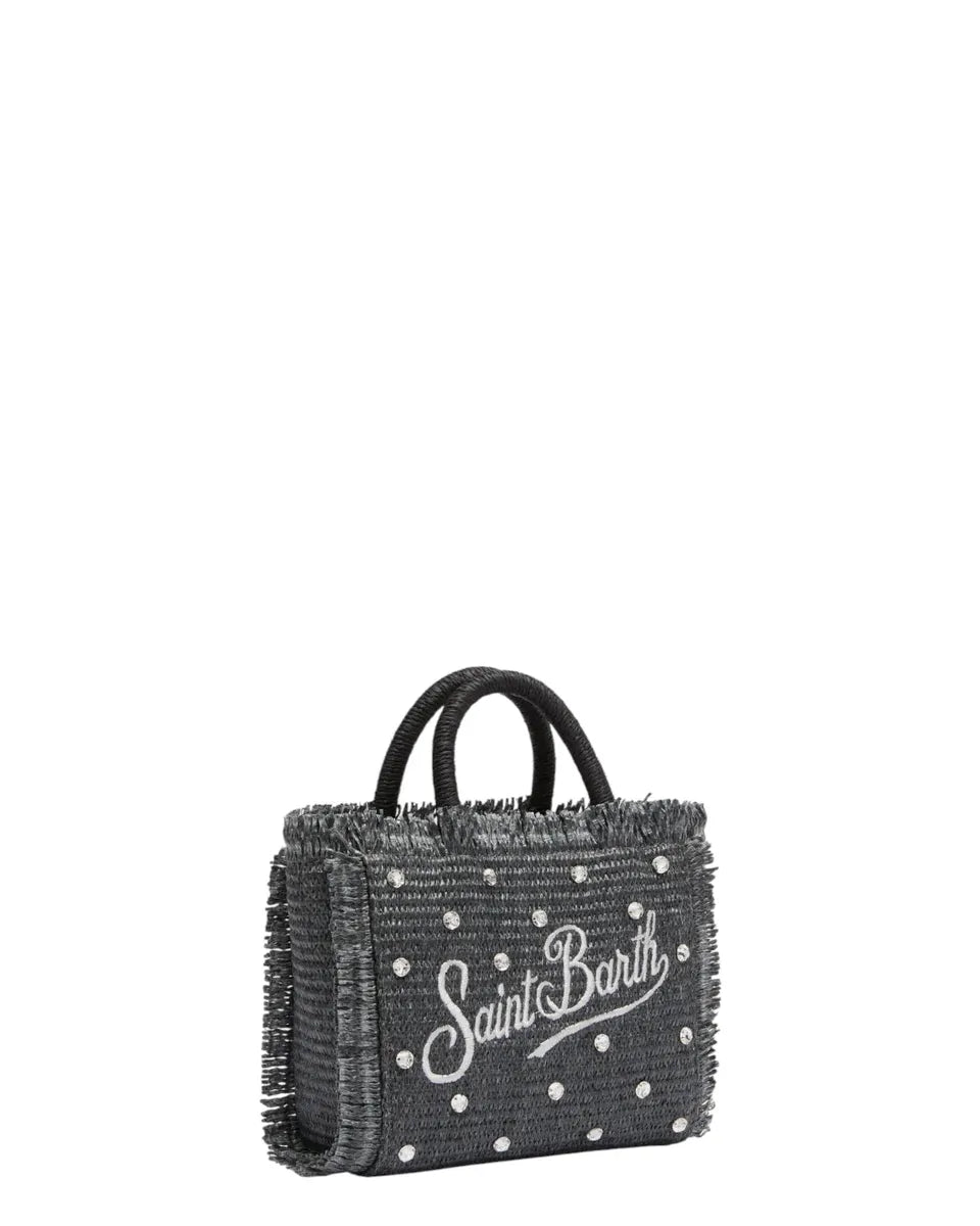 Borsa Mini Vanity effetto paglia nera con strass e logo ricamato-Mc2 Saint Barth-Borse a mano-Vittorio Citro Boutique