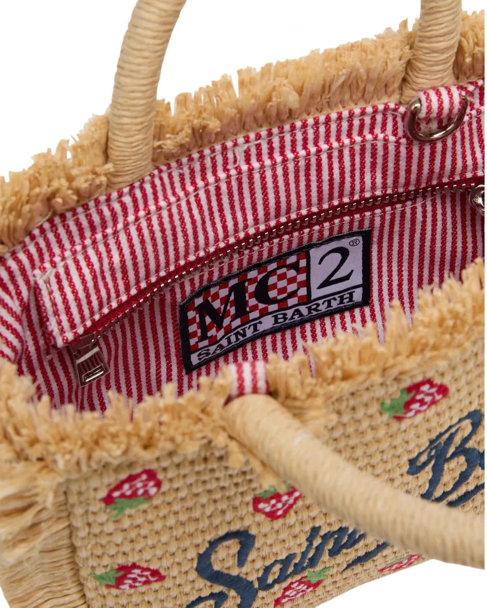 Borsa Mini Vanity effetto paglia con patch fragole e logo ricamato-Mc2 Saint Barth-Borse a mano-Vittorio Citro Boutique
