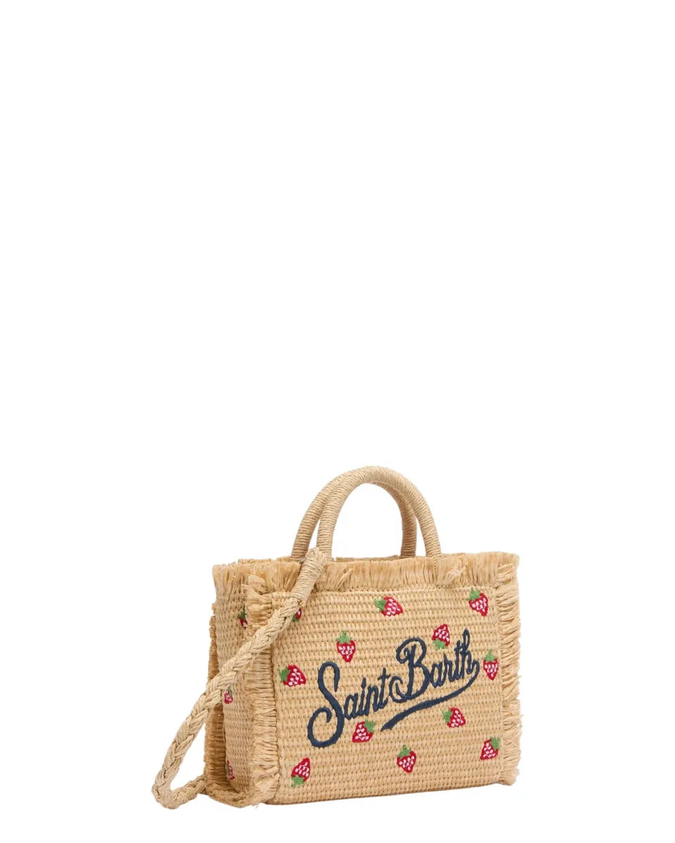 Borsa Mini Vanity effetto paglia con patch fragole e logo ricamato-Mc2 Saint Barth-Borse a mano-Vittorio Citro Boutique