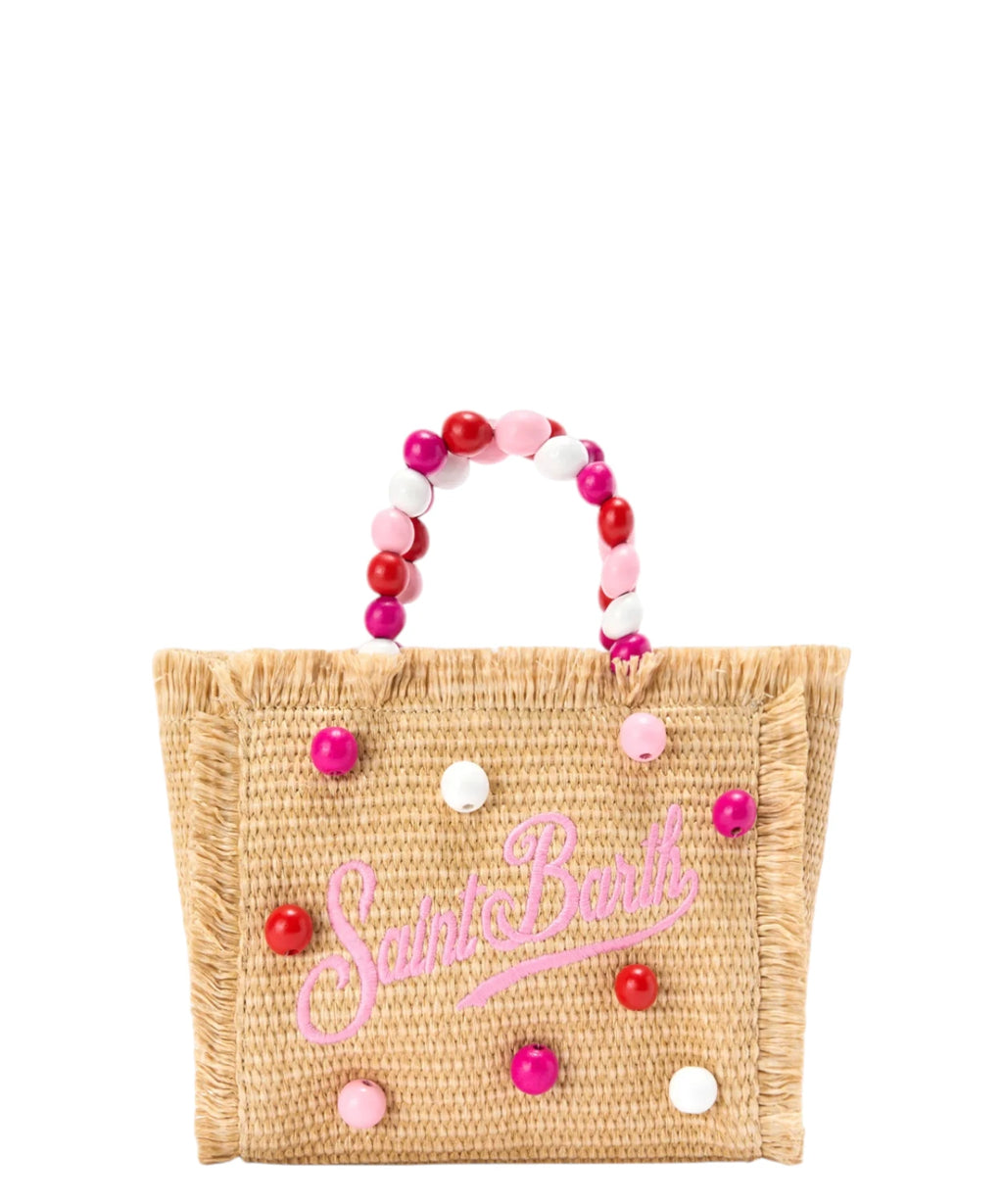 Borsa Vanity Mini in Rafia con perline e tracolla removibile